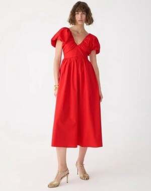J.Crew Cecily Organic Cotton Red Puff Sleeve Midi Dress Size 4